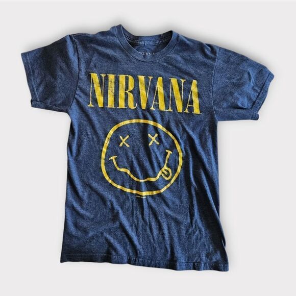 Nirvana Soft Yellow Classic Smiley Face Logo T-Shirt Graphic in Heathered Blue S - Picture 1 of 6